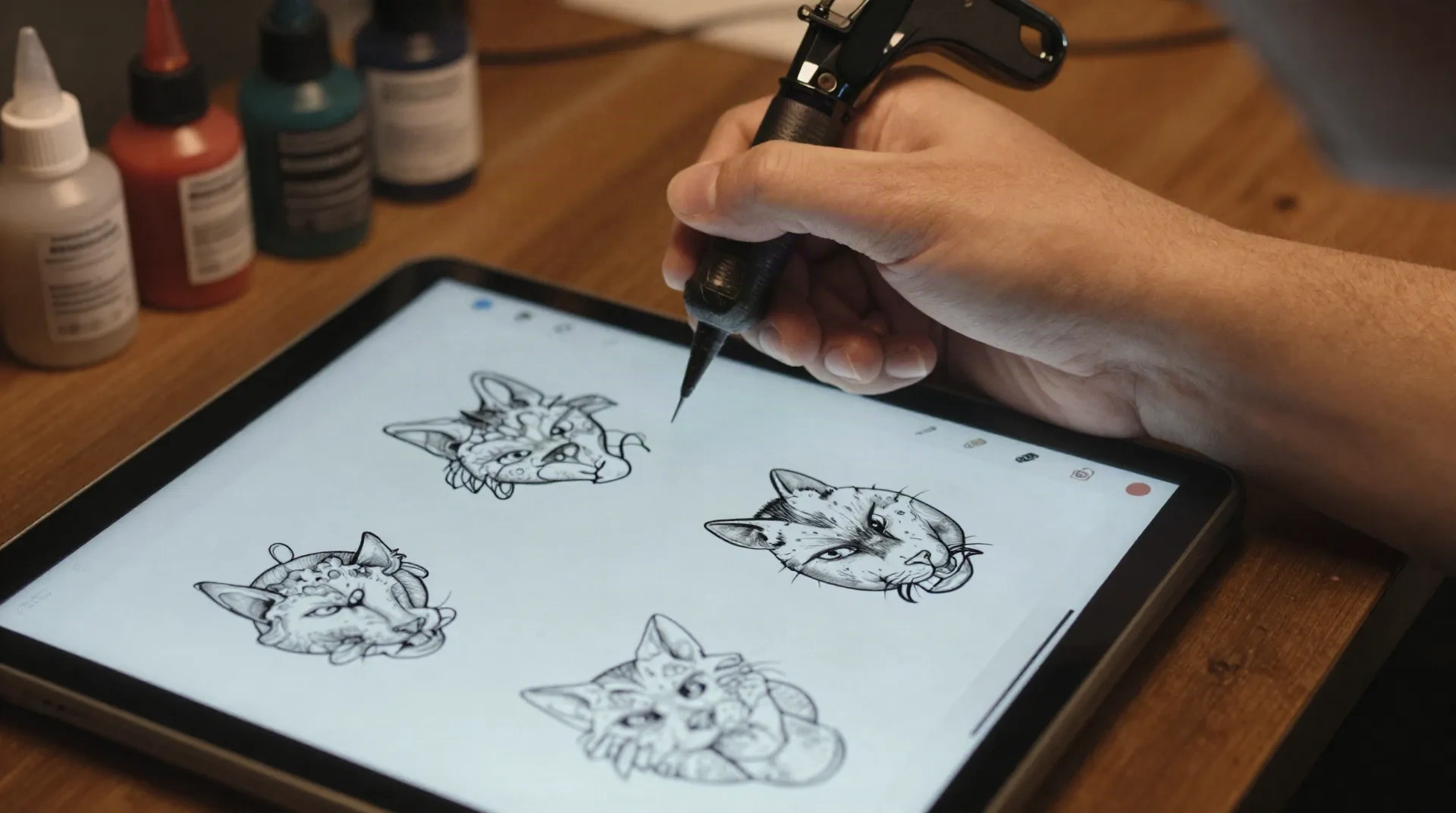 Tätowierer mit KI-generiertem Tattoo Design auf einem Tablet, zeigt mehrere Stilvarianten