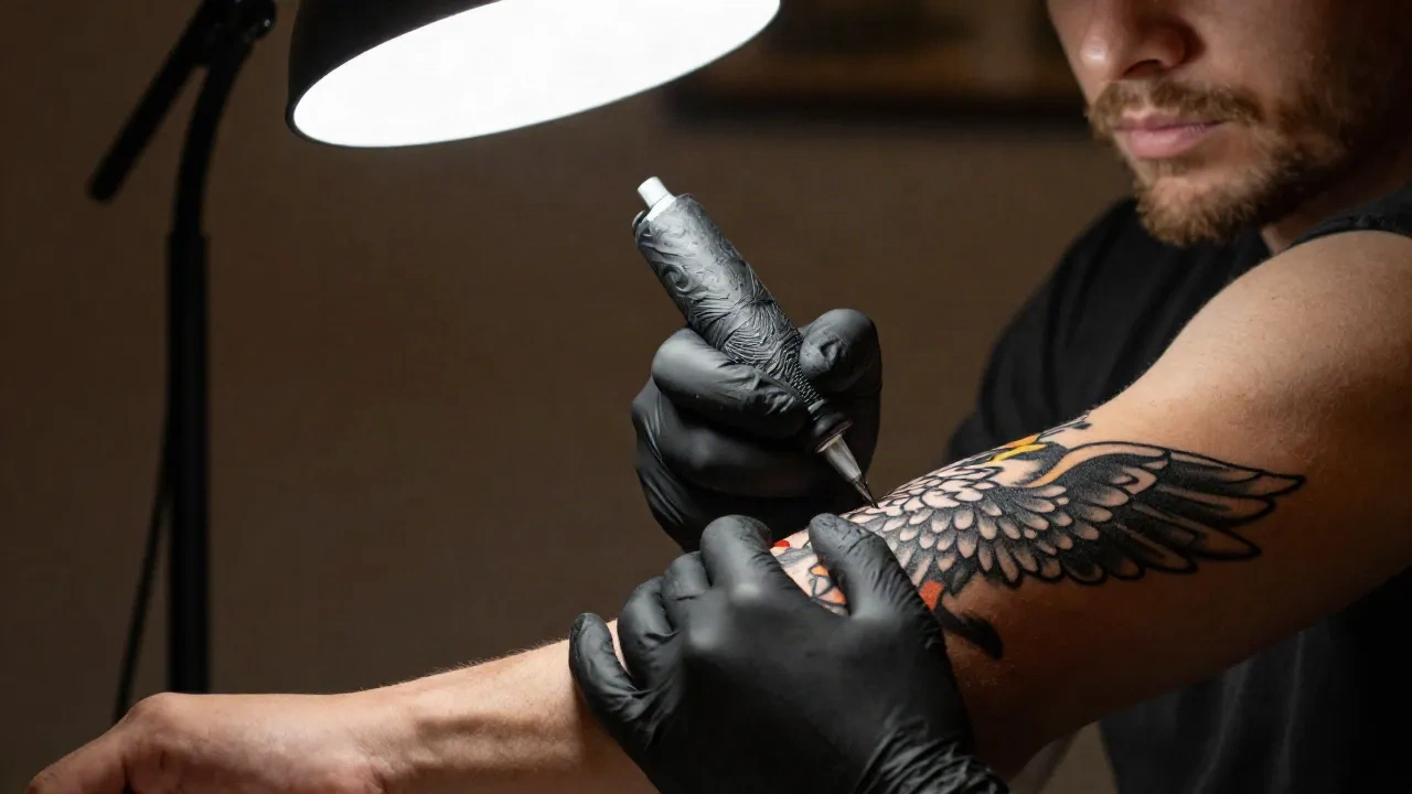 Tattooer working on a bold black traditional eagle wing on a man's forearm under a studio lamp