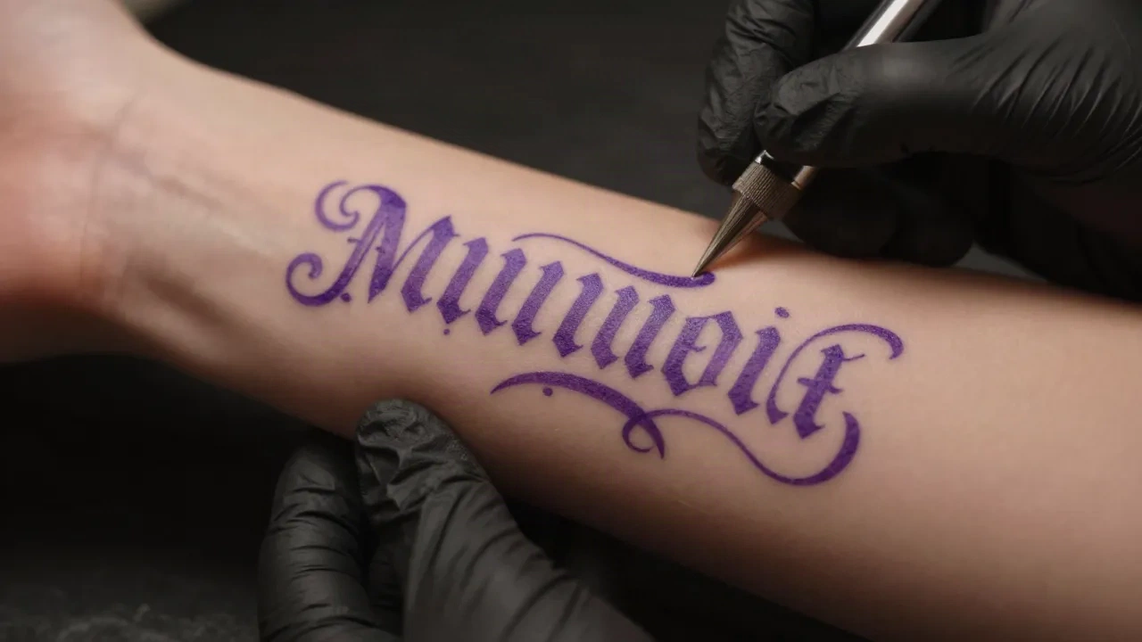Stensil lettering gothic melengkung di lengan bawah sebelum ditato