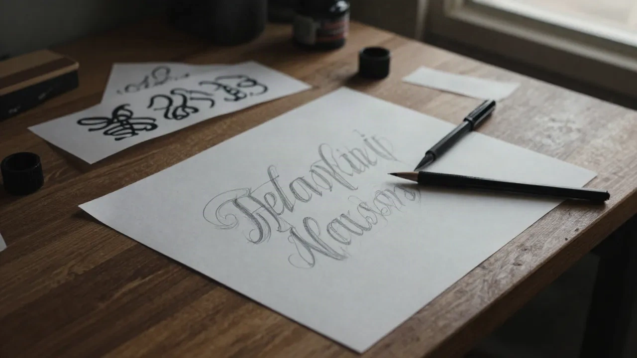 Hand-drawn lettering sketches on tracing paper on a tattoo artist workbench