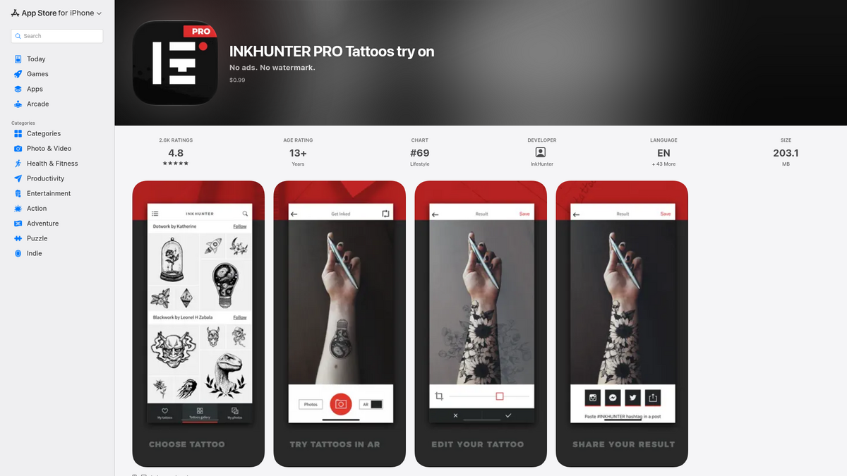 Scheda App Store di INKHUNTER PRO a $0.99 con schermate di galleria, prova AR ed editor