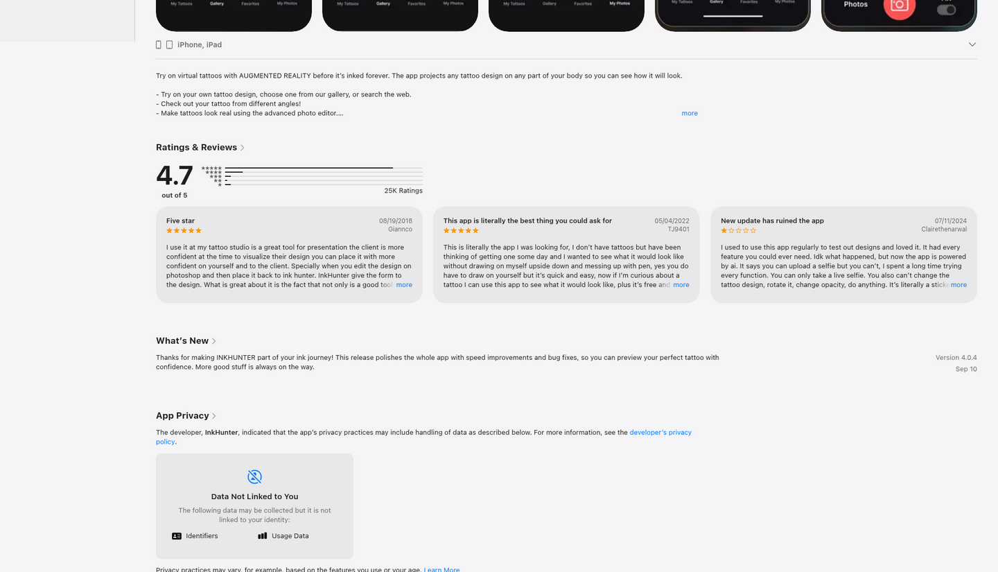 Sezione valutazioni della scheda App Store di InkHunter con recensioni recenti e note della versione 4.0.4