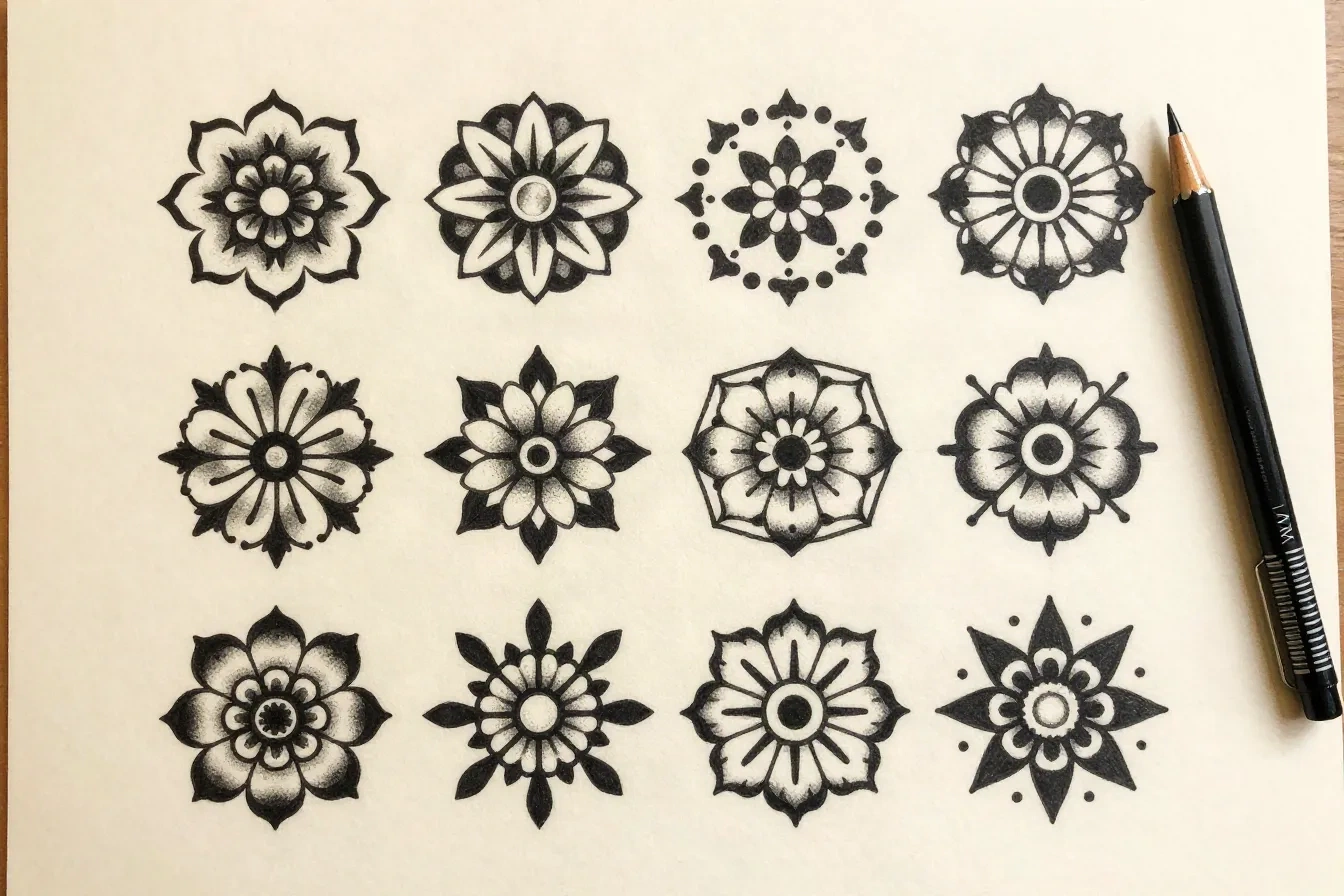 Plankis dua belas varian desain tato floral dotwork dan blackwork