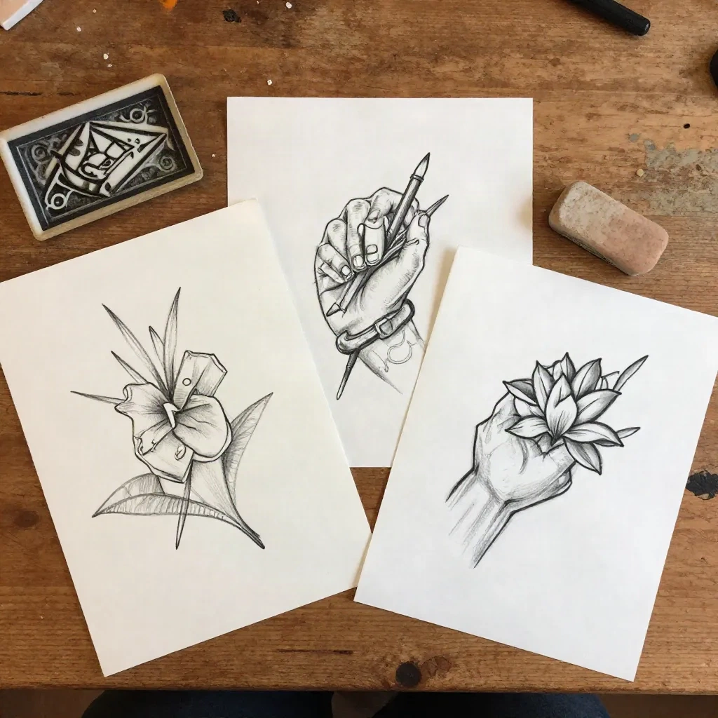 Disegni a mano di un tatuaggio su un tavolo di legno, con gomma e stencil