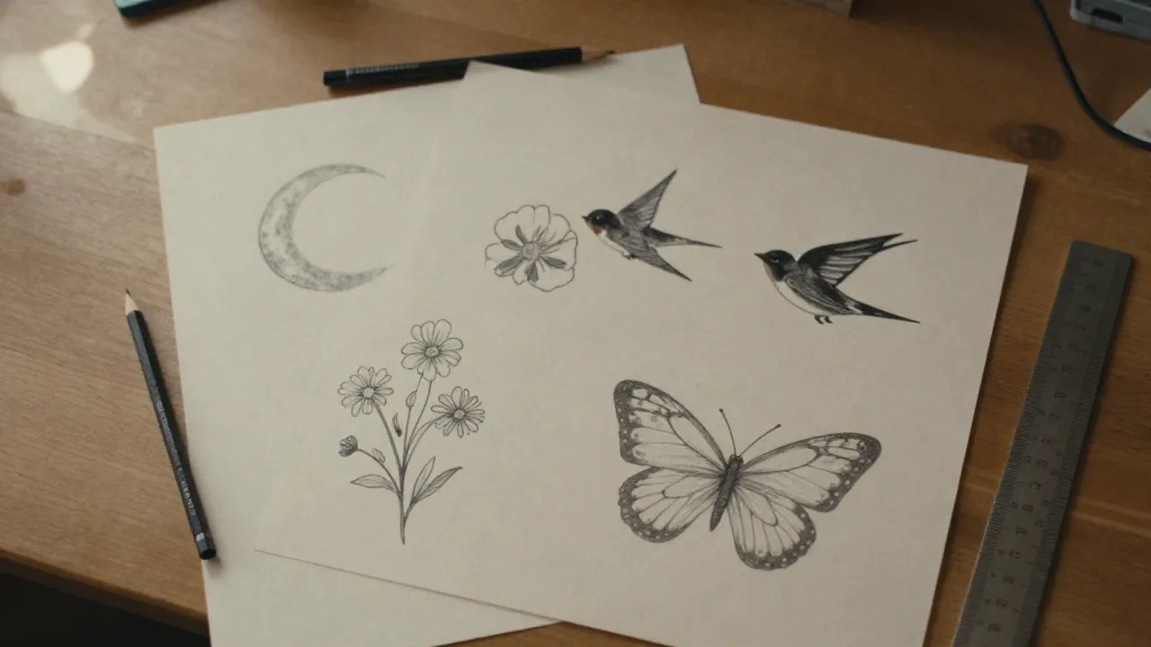 Handgezeichnete Tattoo-Flash-Skizzen mit Halbmond, Wildblumen, Schwalbe und Schmetterling auf cremefarbenem Papier