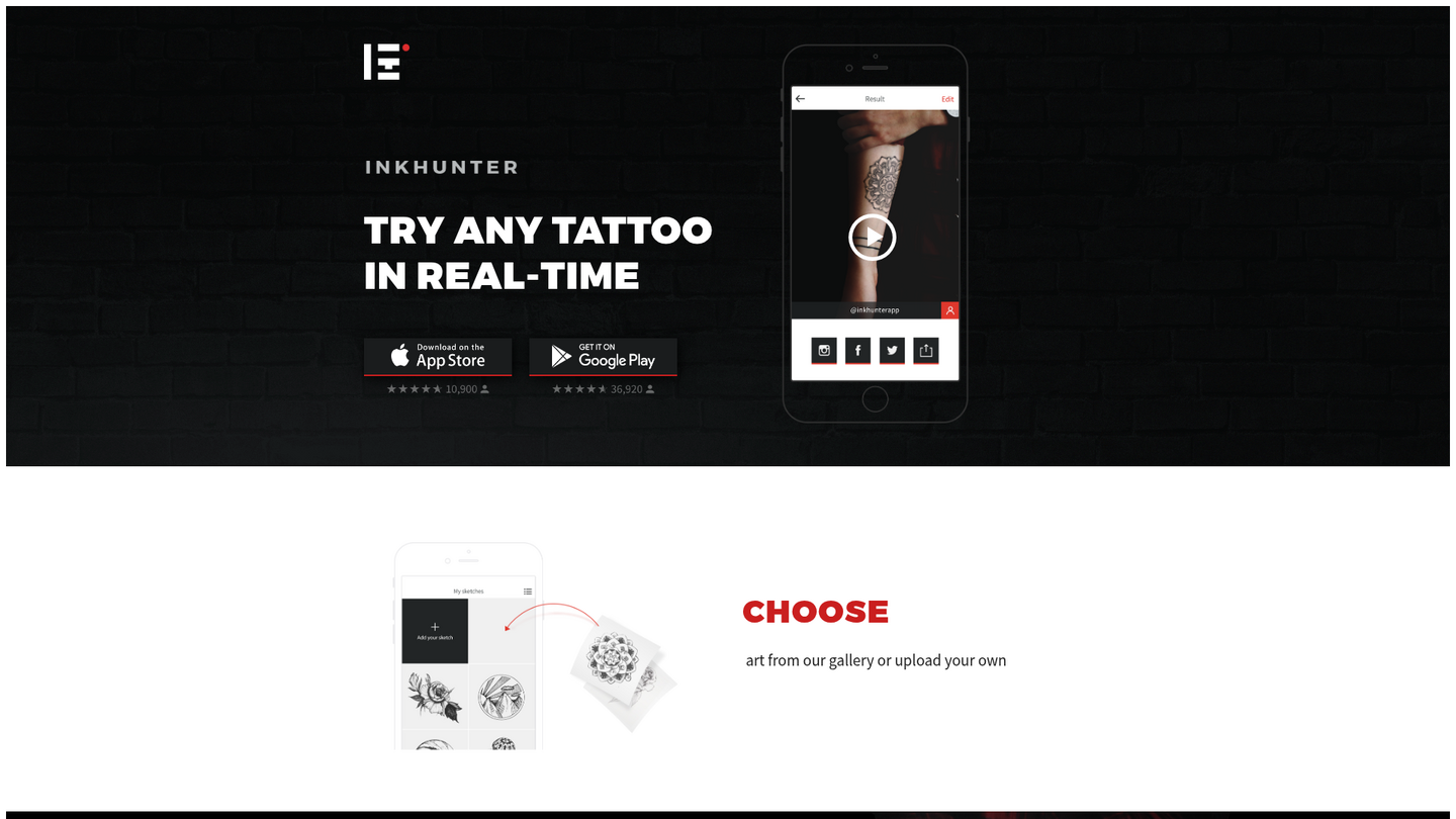 Homepage ufficiale di inkhunter.co con il titolo Try any tattoo in real-time
