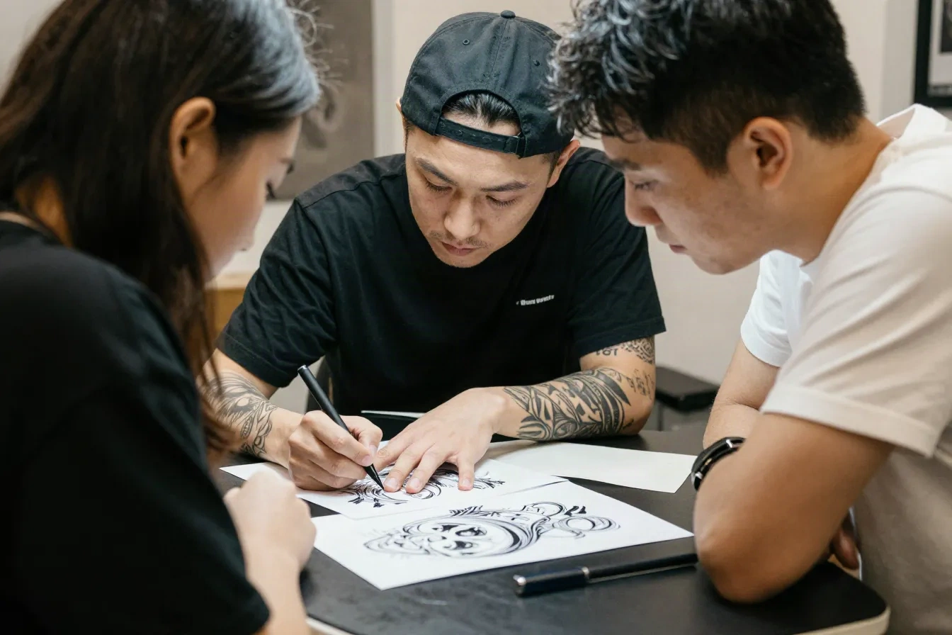 Master tato dan klien meninjau cetakan desain di meja studio