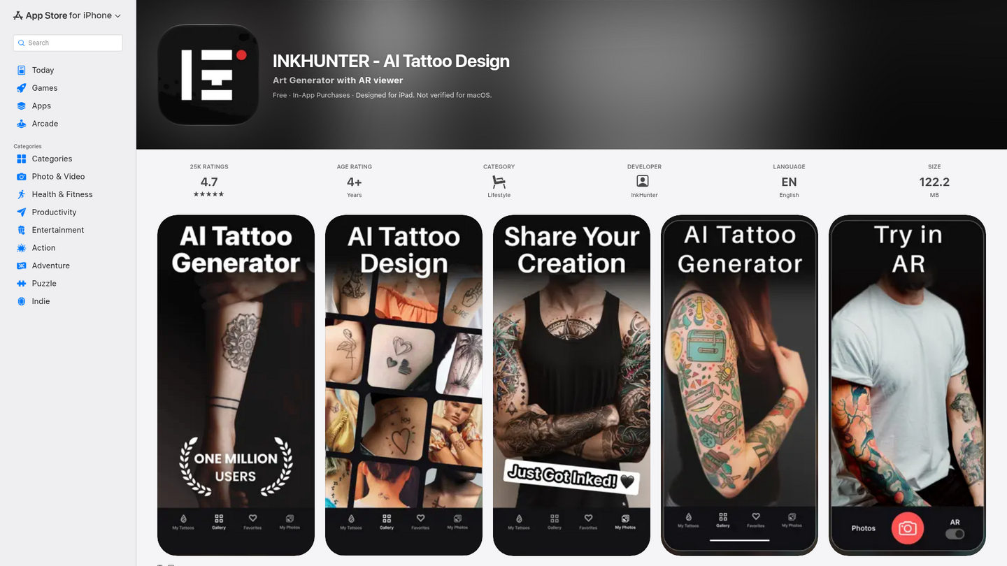 Ausschnitt des App-Store-Eintrags von InkHunter AI Tattoo Design mit 4.7 Bewertung aus rund 25K Bewertungen und AR-Anprobe-Screenshots