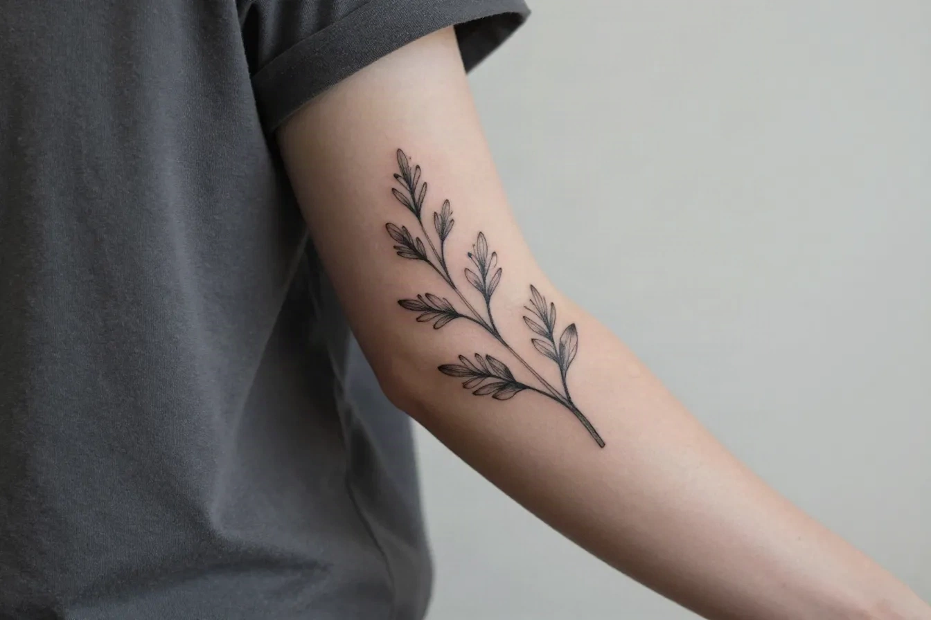 Desain tato botanical fine-line dipratinjau di lengan atas