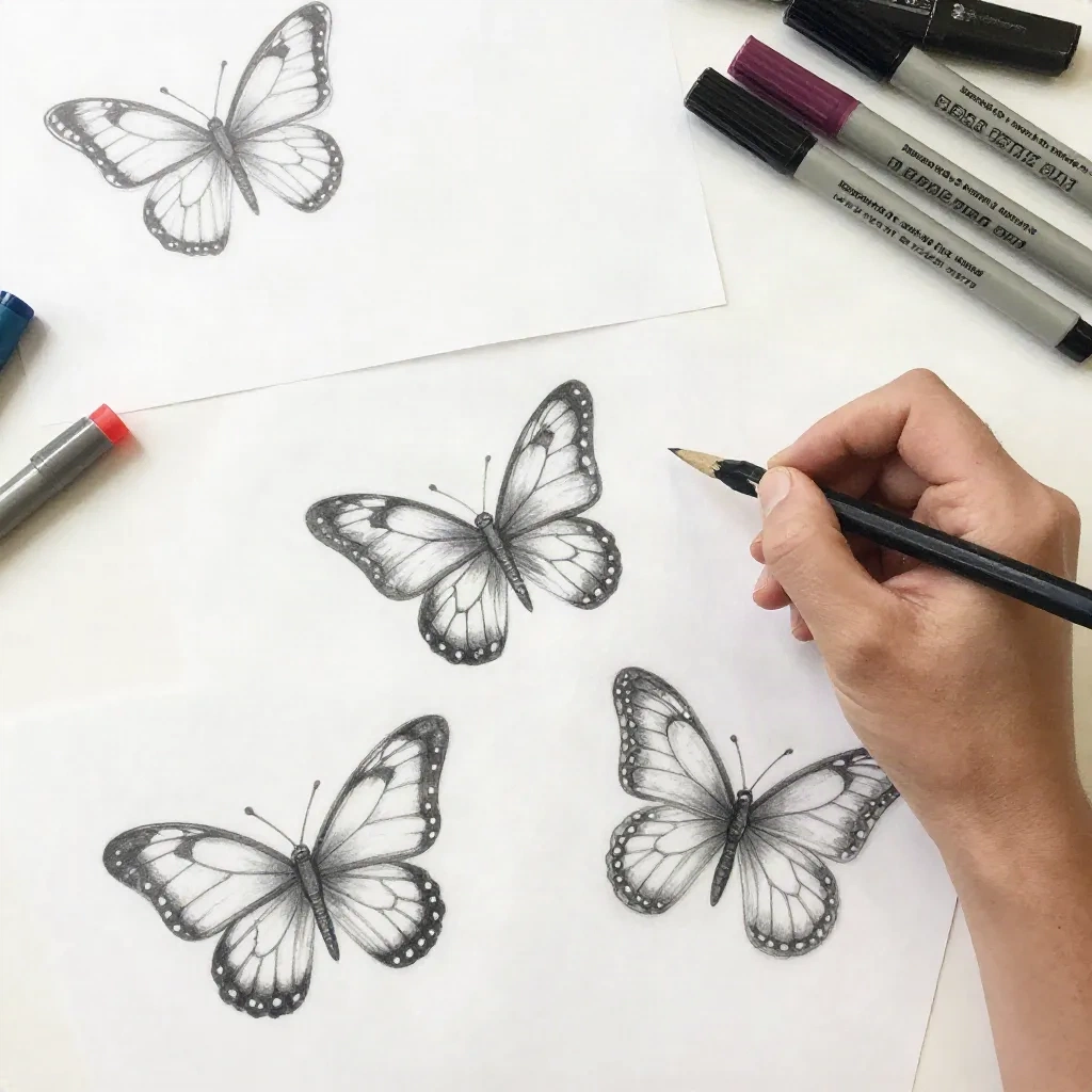 紙の上に手描きされた蝶のフラッシュ下絵が、彫師の机に置かれている