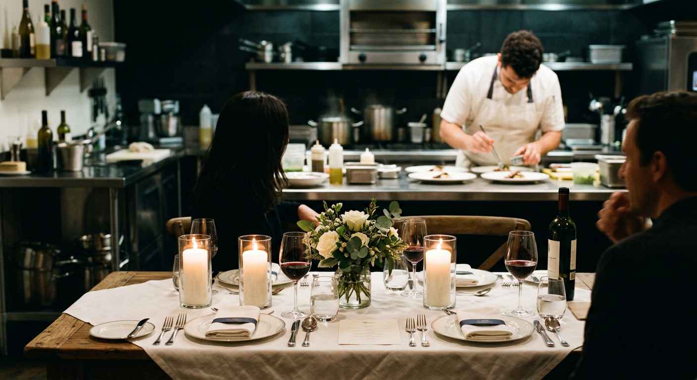 Intimate private chef dinner experience for two, candlelit table in a professional kitchen