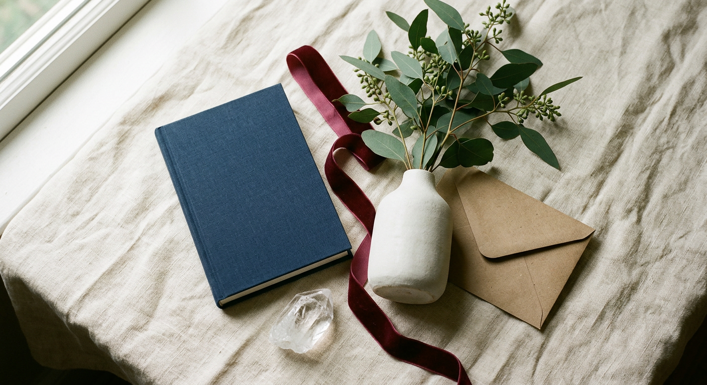 Editorial flat-lay of curated wedding gifts on cream linen