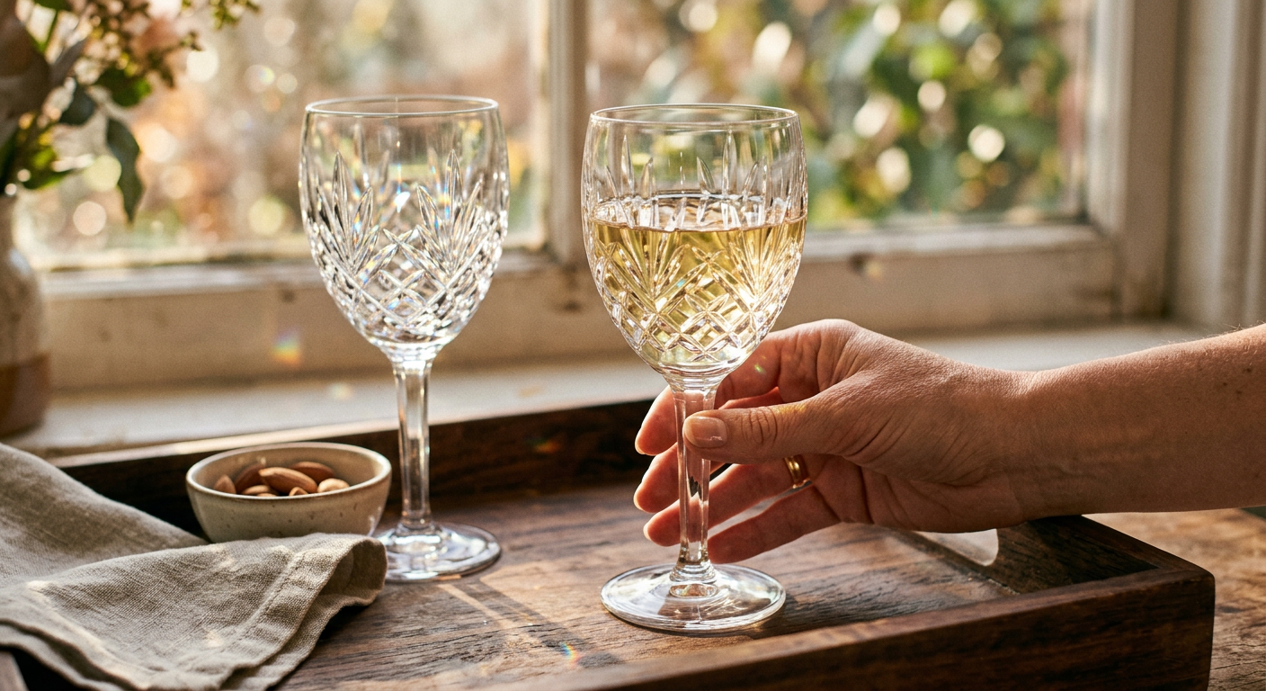 Two cut crystal wine glasses on a walnut tray with morning light refractions