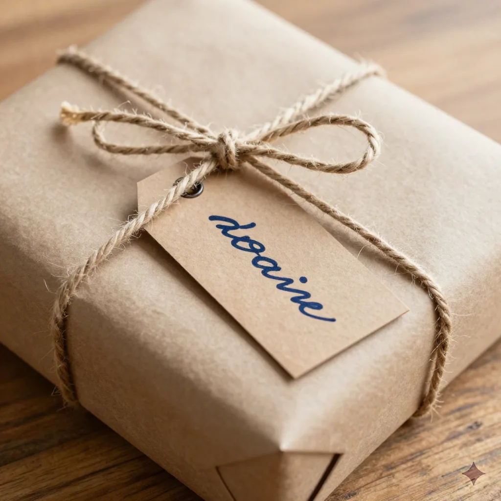Gift wrapped in unbleached kraft paper with natural hemp twine and calligraphed navy ink tag, resting on raw wood