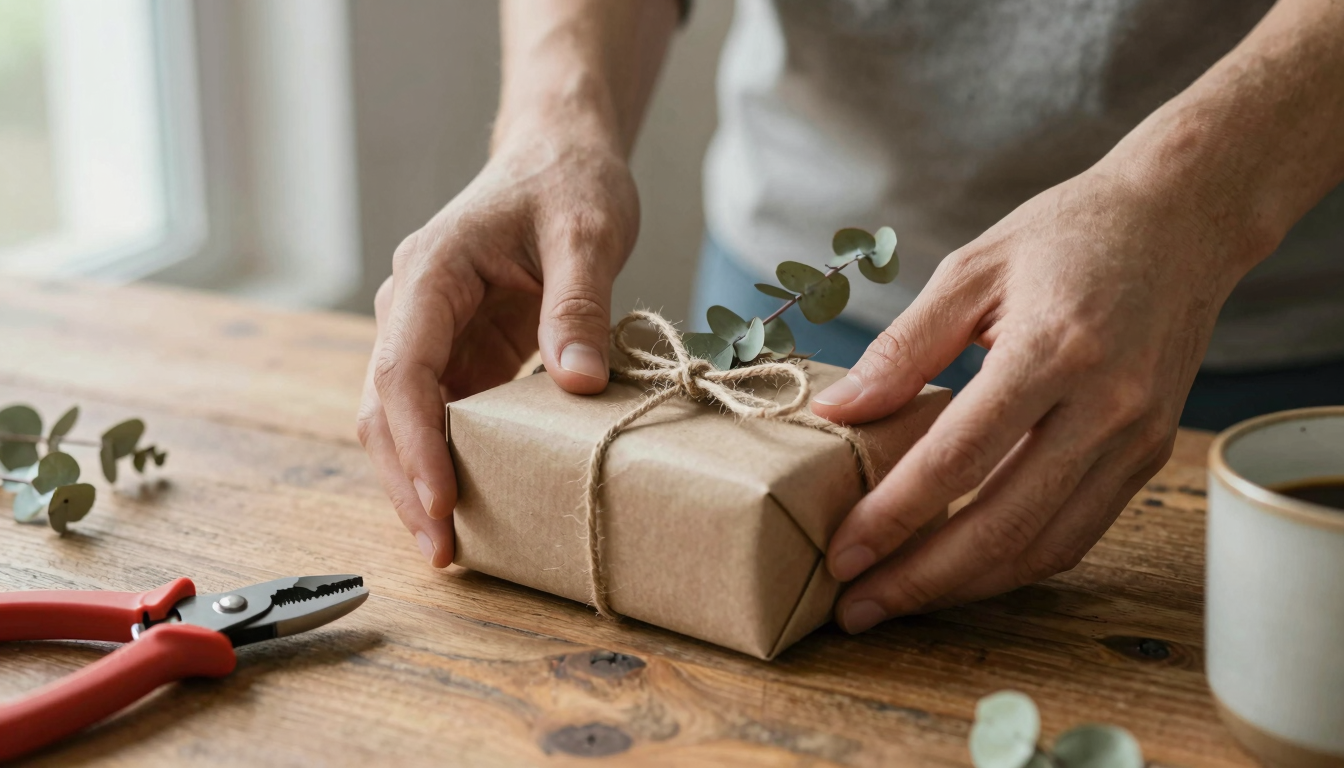 Hands placing a small craft-paper gift box tied with cotton twine and dried eucalyptus on a worn oak tabletop