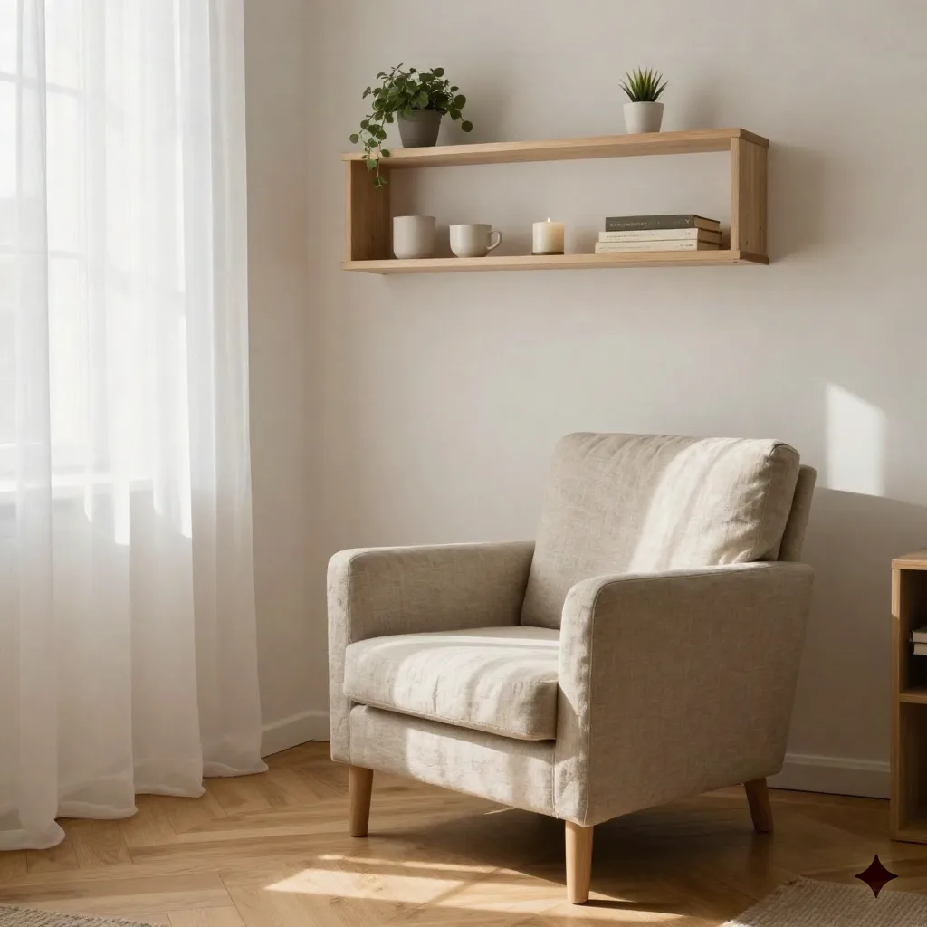 Scandinavian reading corner: linen armchair, oak shelf with 5-6 curated objects, morning light through sheer curtains