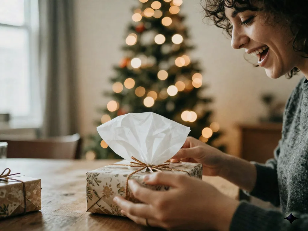 Person opening a thoughtfully wrapped gift at a dining table, expressing genuine joy and surprise