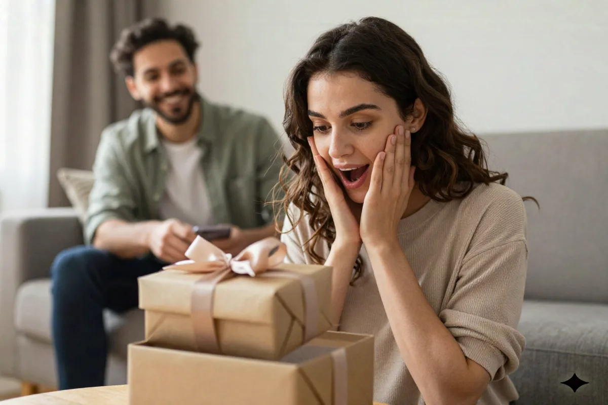 Woman genuinely delighted opening a gift from her partner