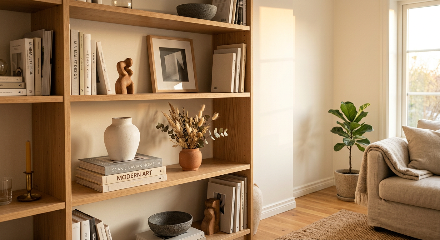 Styled living room bookshelf with ceramic vase, art book, and dried flower arrangement