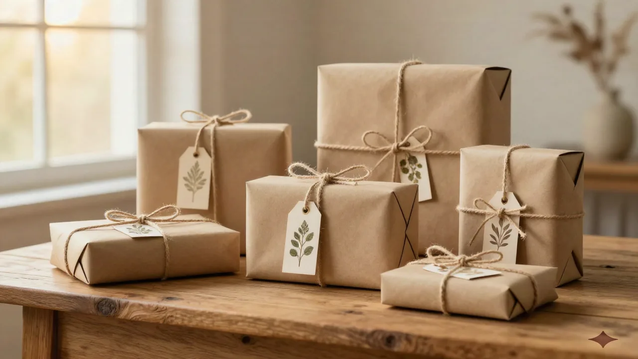 Beautifully curated artisan gifts wrapped in kraft paper on a rustic oak table