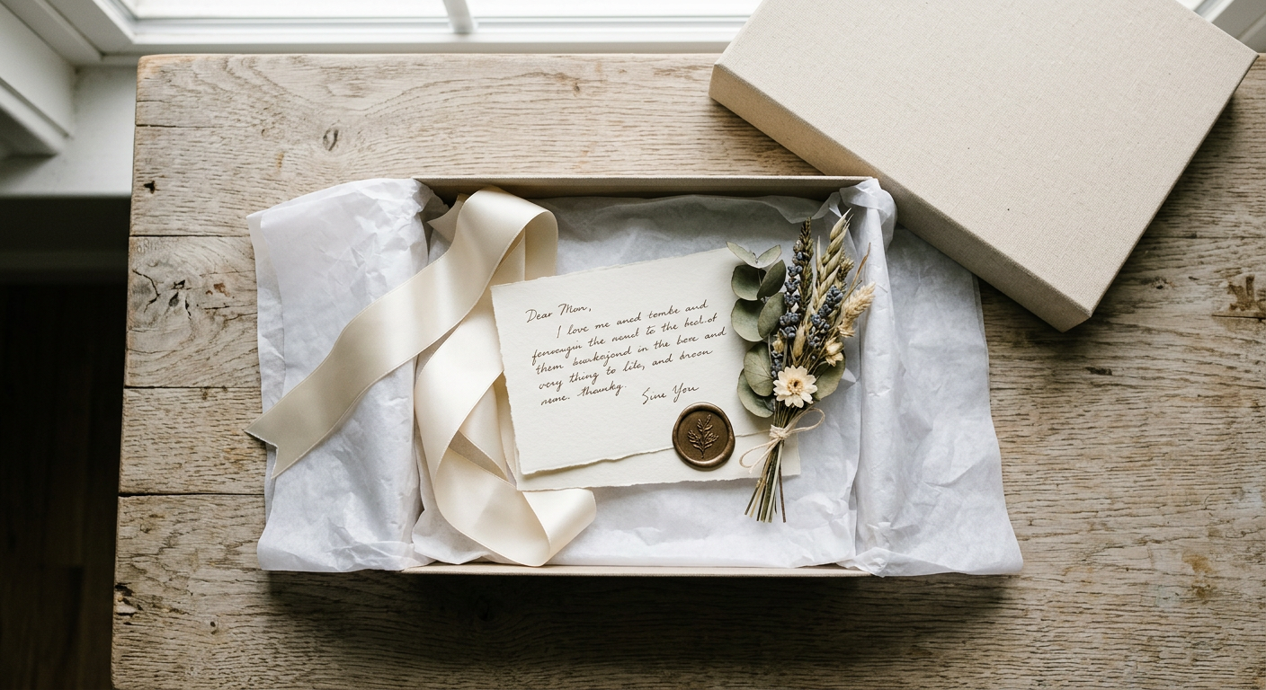 Open gift box with white tissue paper, cream satin ribbon, and a handwritten note card with wax seal
