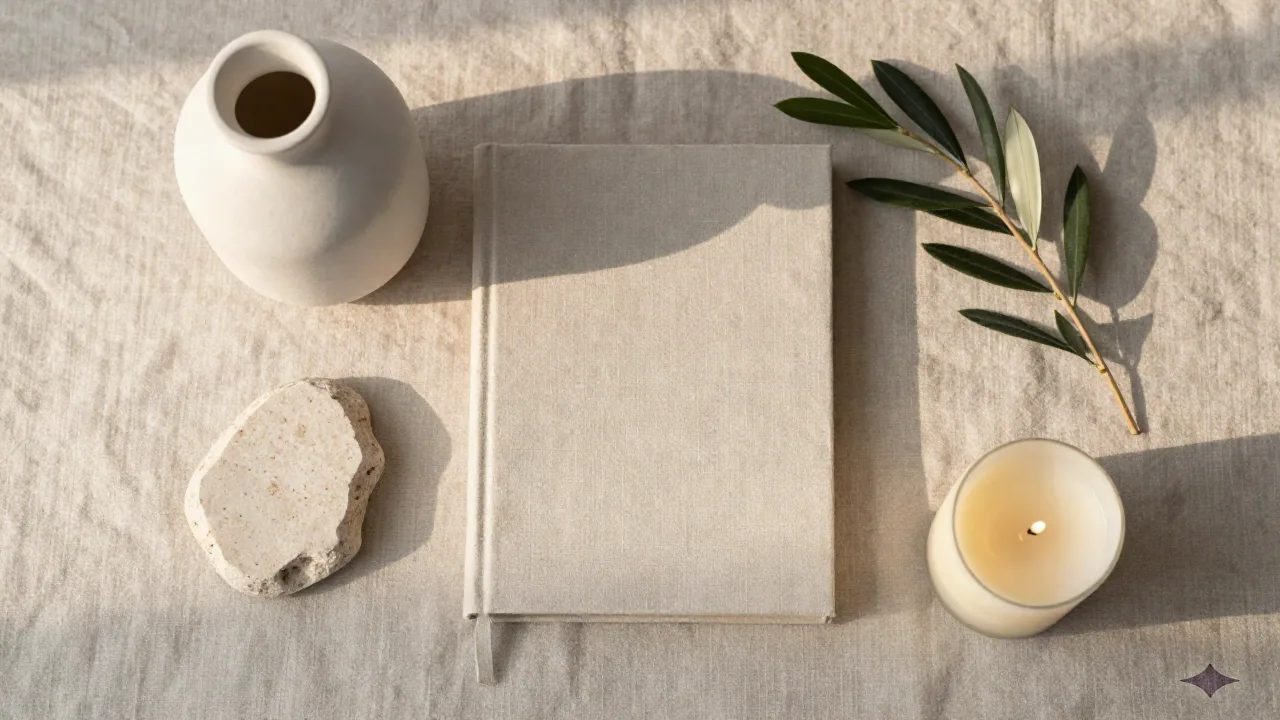 Minimalist flat-lay editorial: ceramic vase, linen book, stone and beeswax candle on unbleached fabric, Kinfolk style