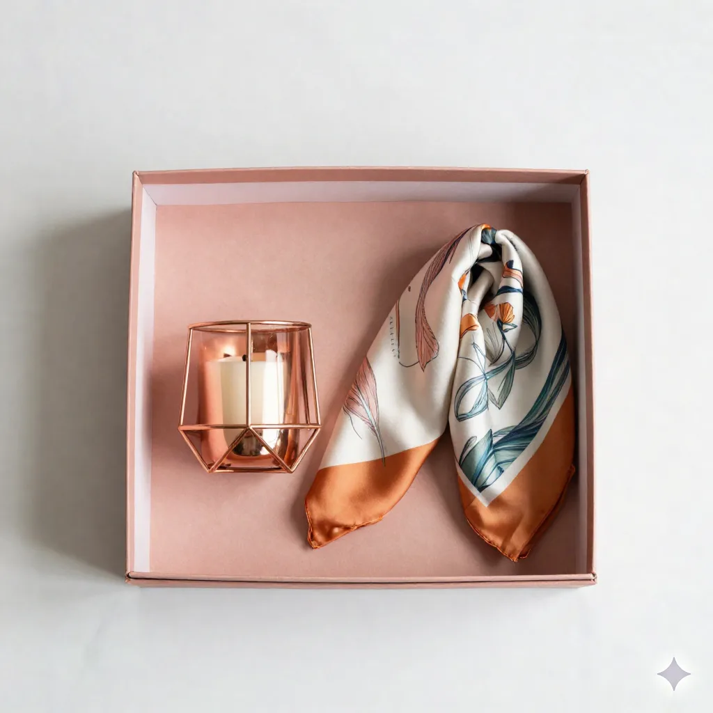 Elegantly curated gift box with geometric copper objects and artisan objects on clean marble surface