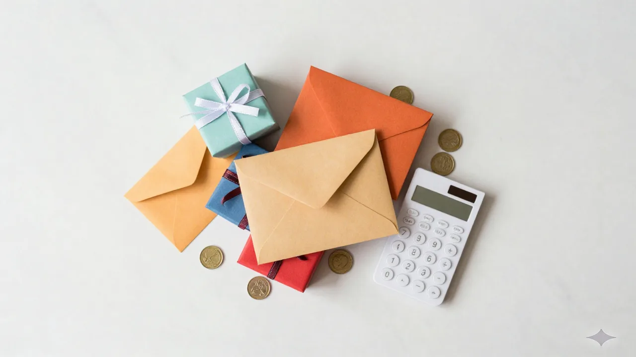Gift boxes and envelopes arranged on a marble surface next to a notebook calculator