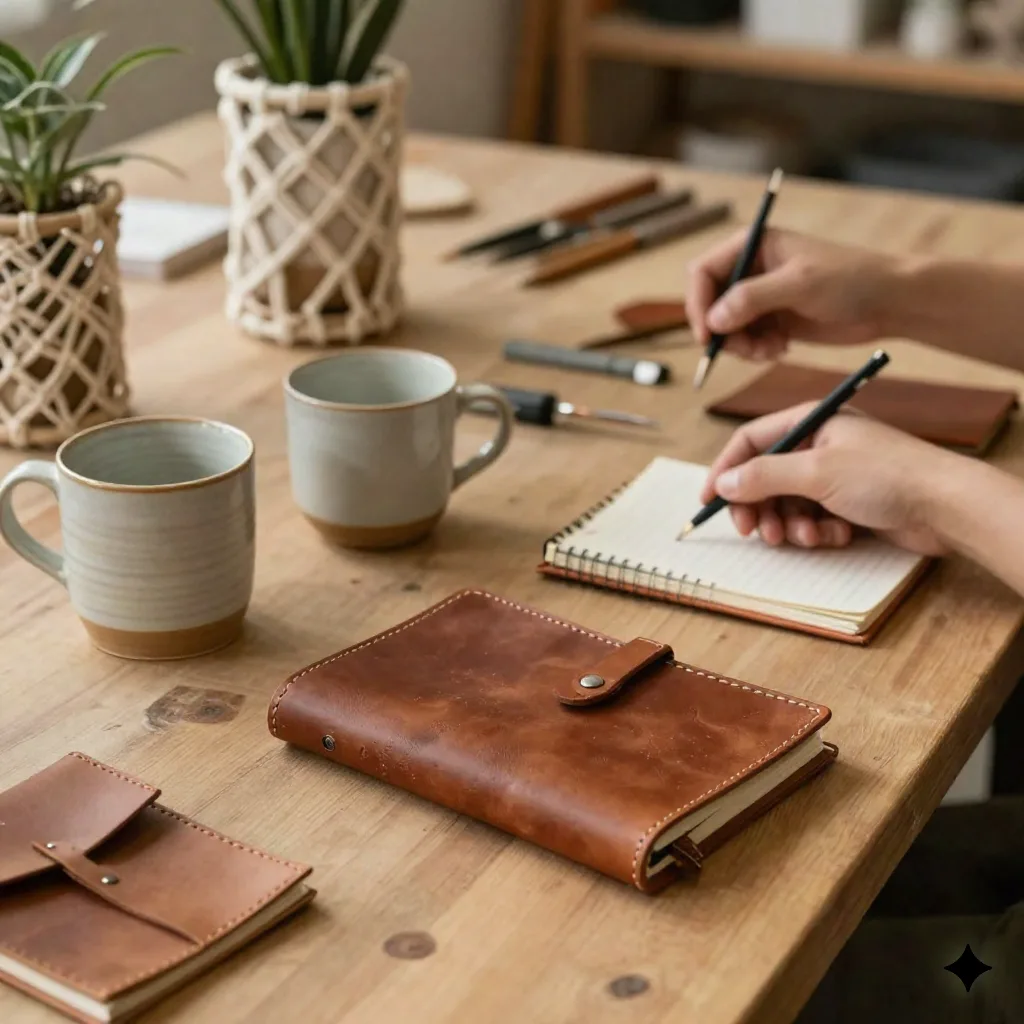 Artisan craft workshop with handmade ceramics and leather goods spread on a wooden workbench