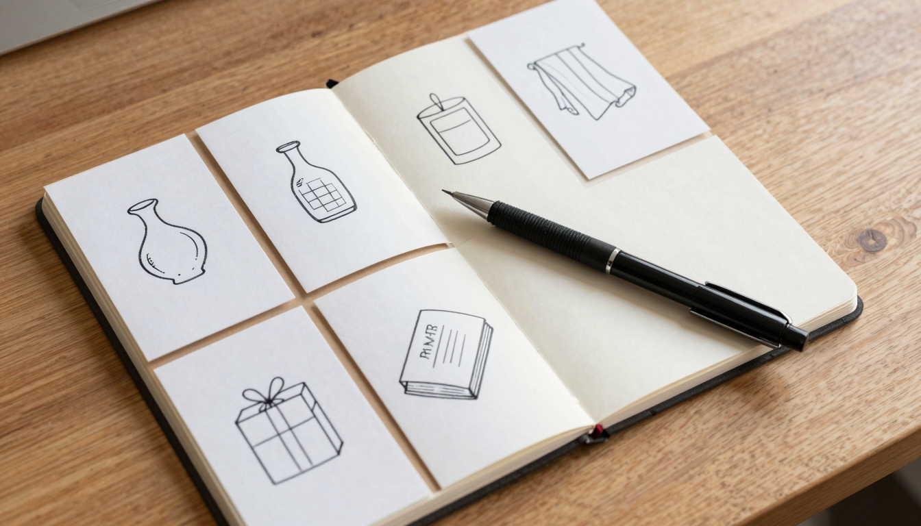 Open notebook with hand-drawn sketches of gift ideas on index cards in a grid layout, black ink pen on the page, warm wood desk