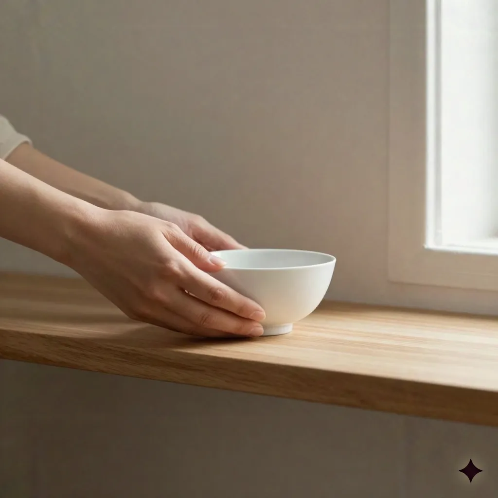 Close-up detail: hands gently placing a small white ceramic bowl on a bare wooden shelf, soft Nordic window light