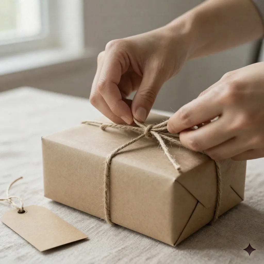 Mains qui tapent sur un clavier d'ordinateur portable à côté d'un paquet cadeau à moitié enveloppé sur un bureau en bois au soleil