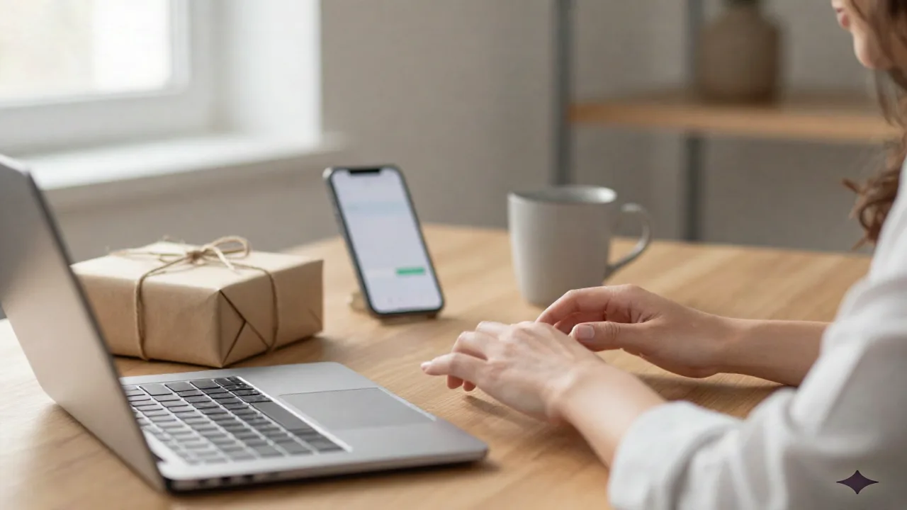 Mani che digitano su un portatile accanto a una scatola regalo parzialmente avvolta su una scrivania in legno al sole
