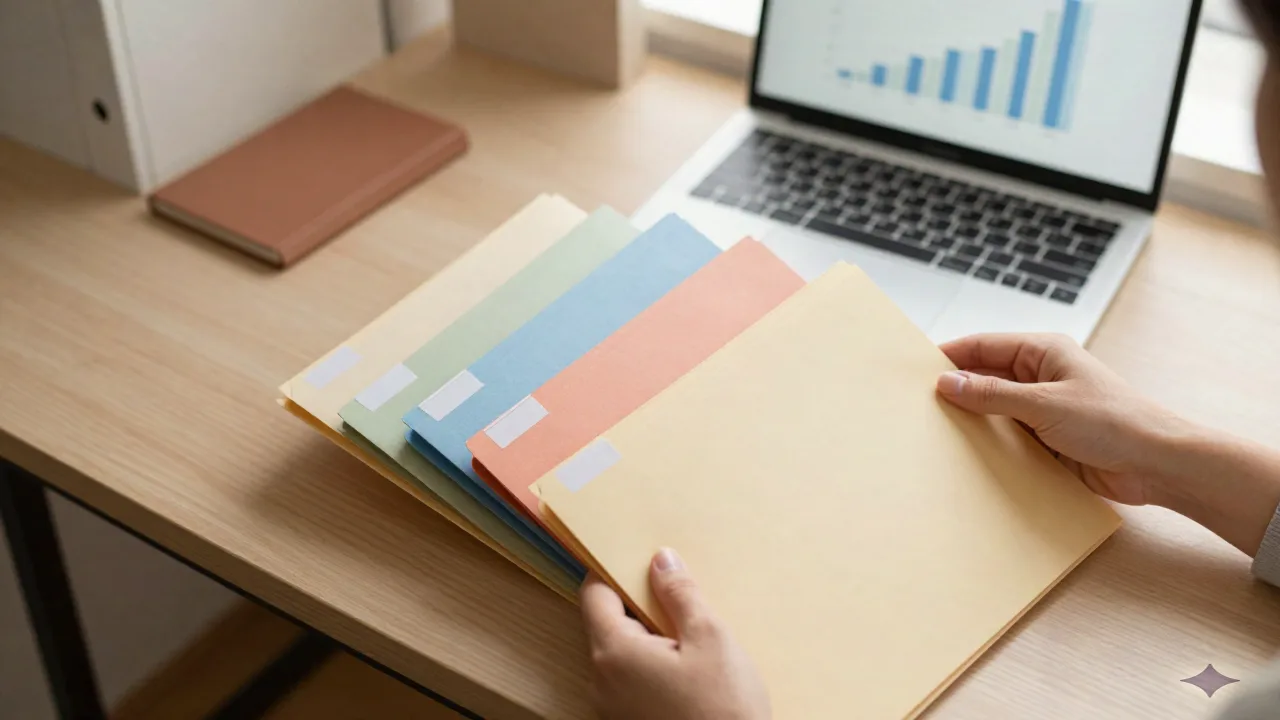 Four color-coded folders being sorted on a desk, representing different report types