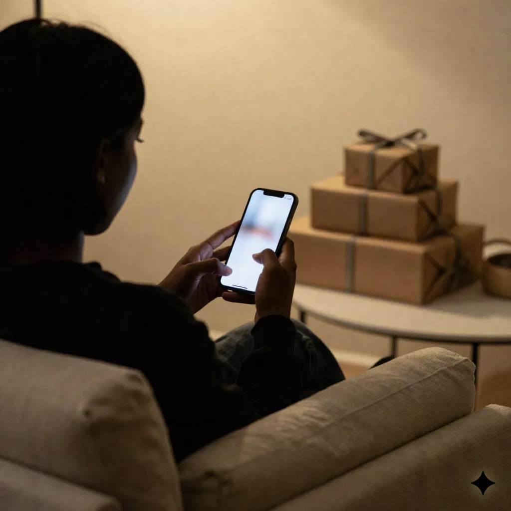 Silhouette d'une personne sur un canapé qui vérifie son téléphone à côté de deux paquets cadeaux enveloppés à l'heure dorée