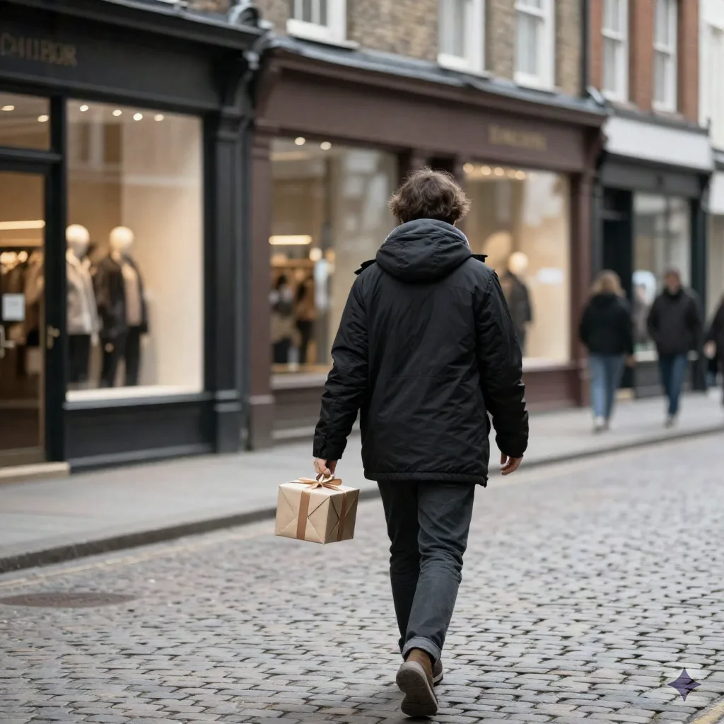 Personne qui marche dans une rue de la ville en portant une petite boîte cadeau ornée d'un ruban devant des boutiques