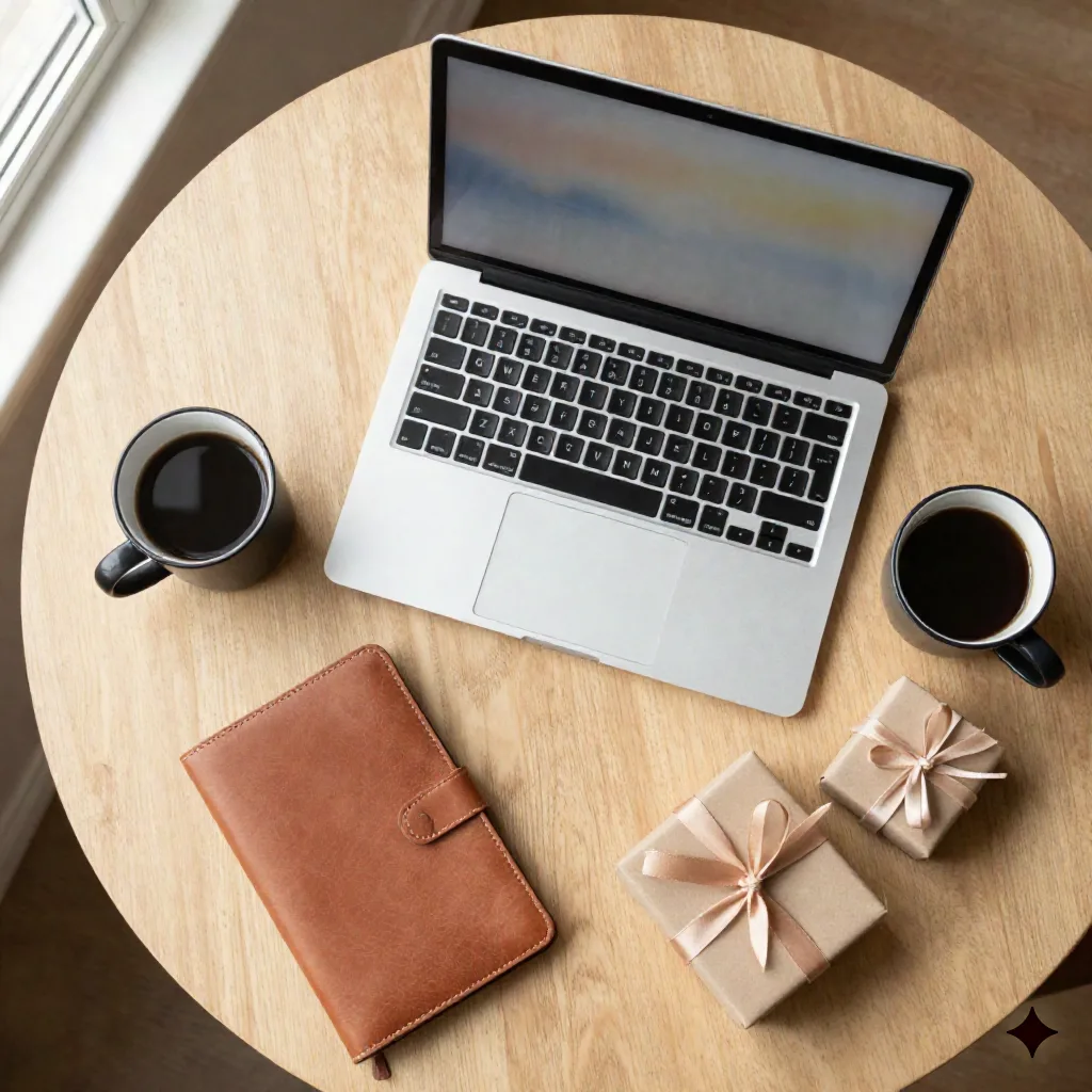 Overhead flat-lay d'un ordinateur portable, d'un café, d'un carnet et de deux boîtes cadeaux enveloppées sur une table en bois