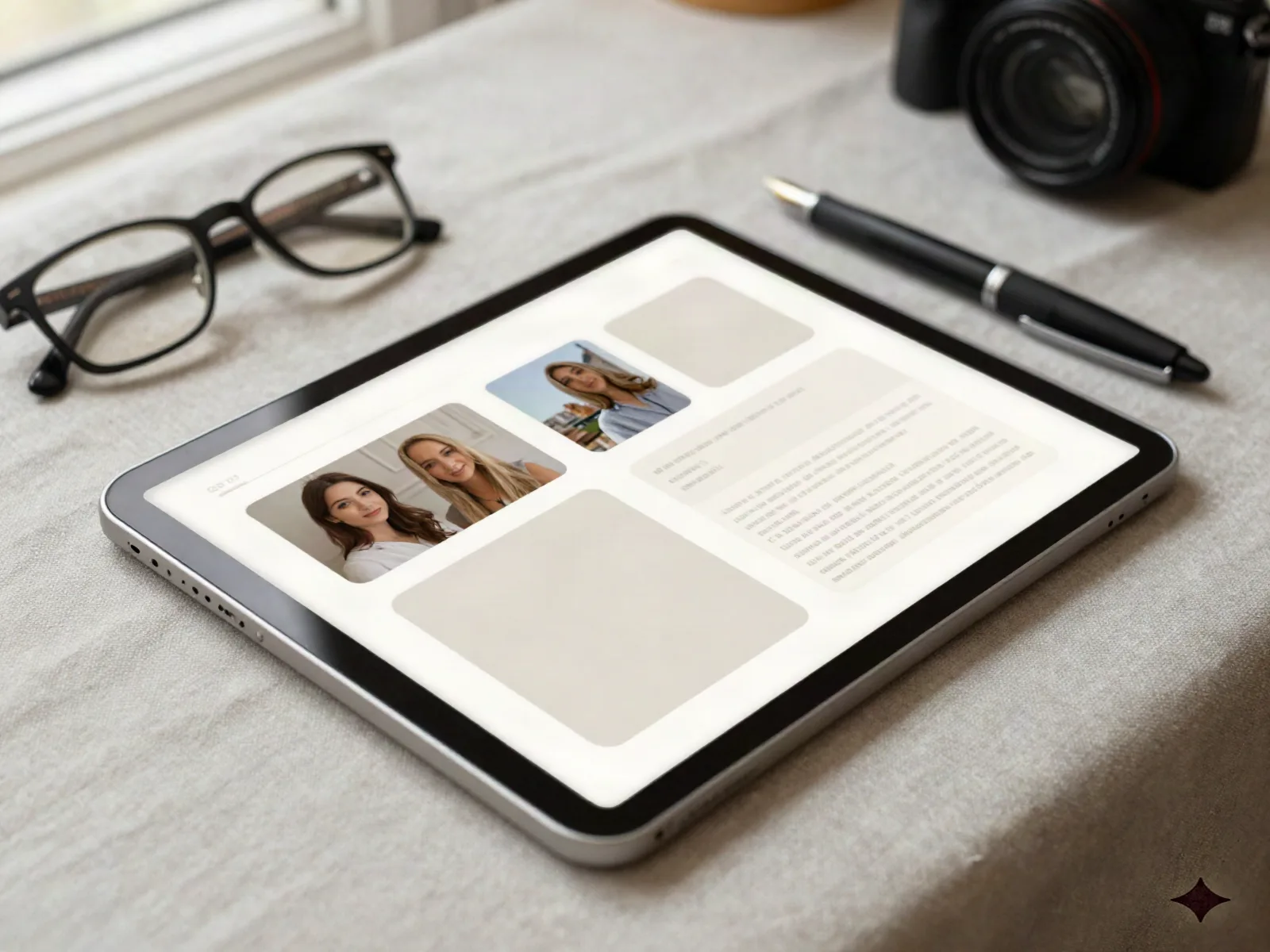 Close-up of a personalized memory book page layout on a tablet screen