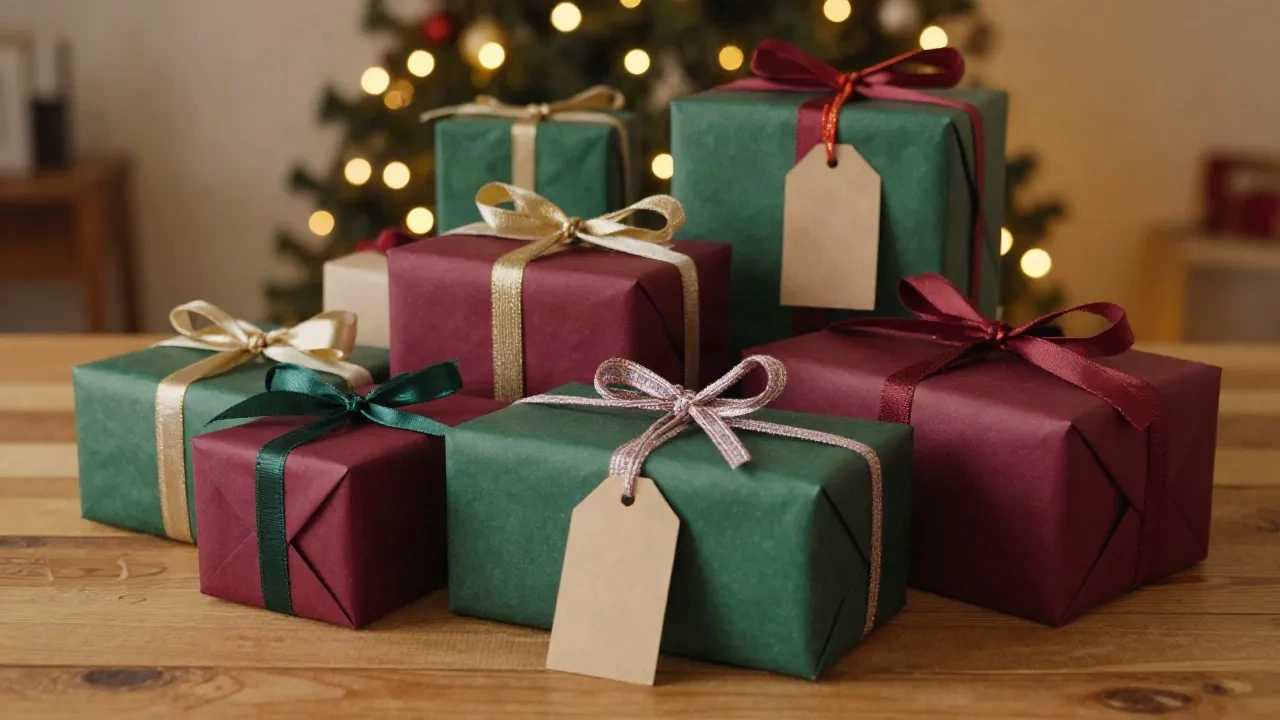 Wrapped Secret Santa gifts with ribbons on a wooden table, warm festive bokeh lights