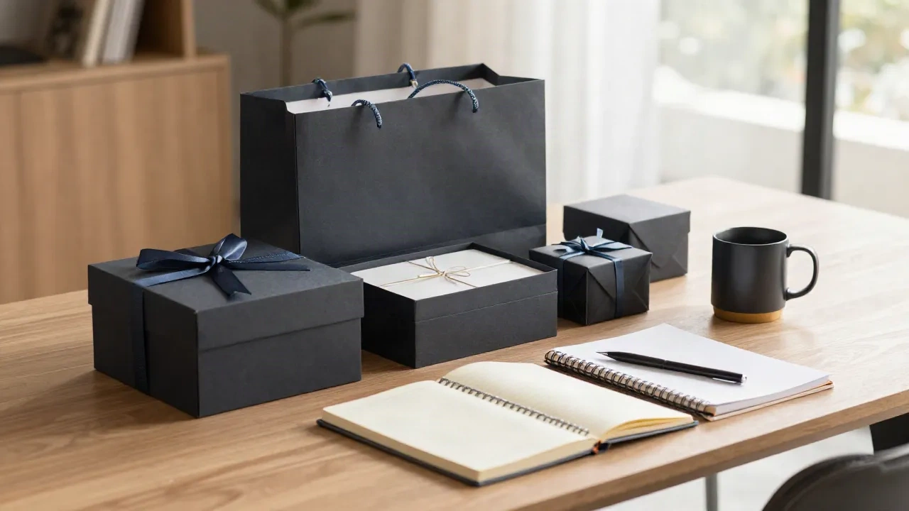 Elegant arrangement of corporate gifts on a modern work desk