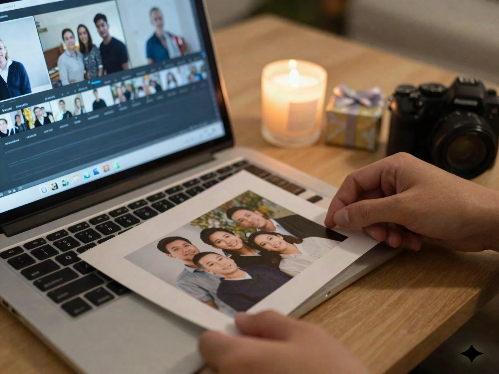Family photos being arranged into a short tribute video on a laptop timeline