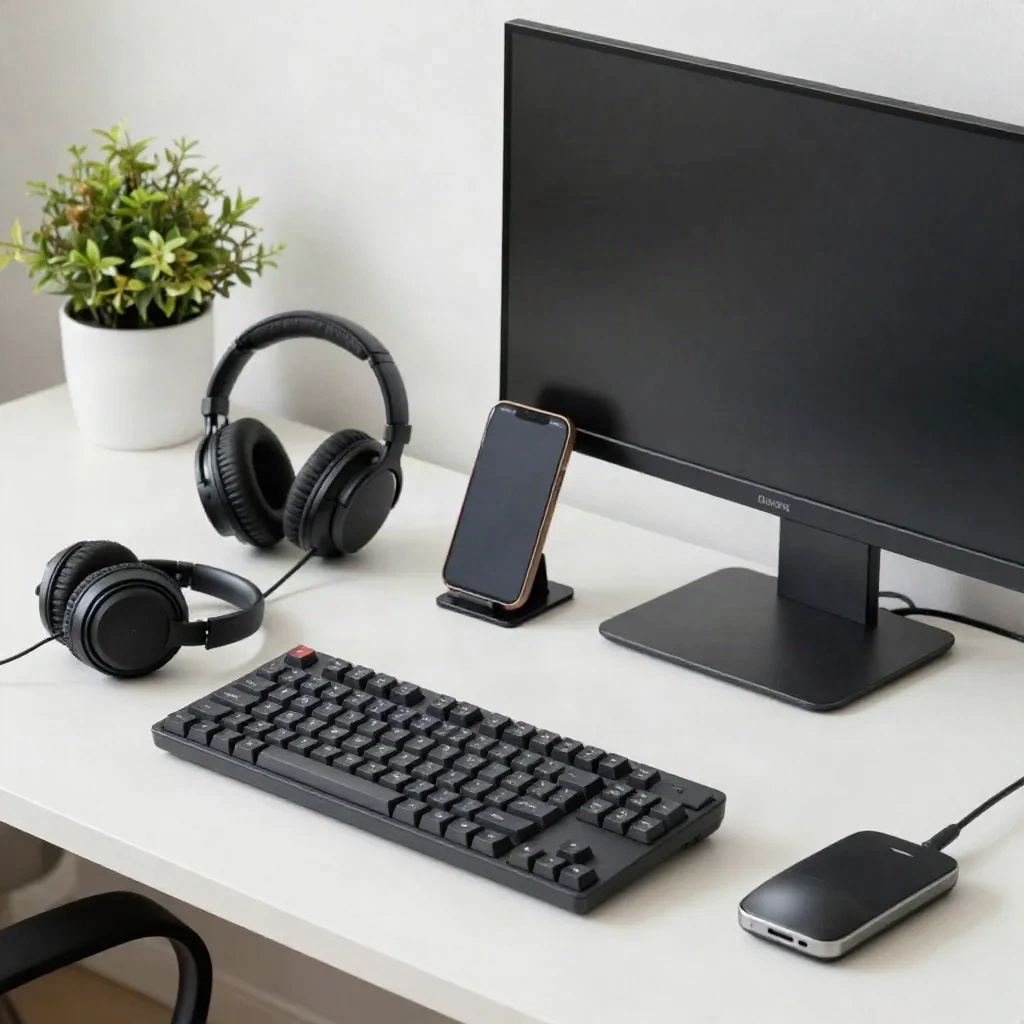 Tech gadgets for remote workers on a clean modern home office desk