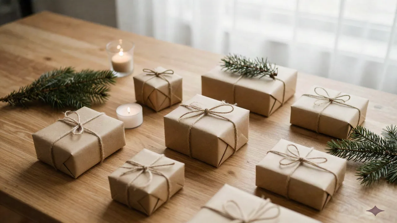 Assorted wrapped white elephant gifts arranged on a wooden table with pine and candles