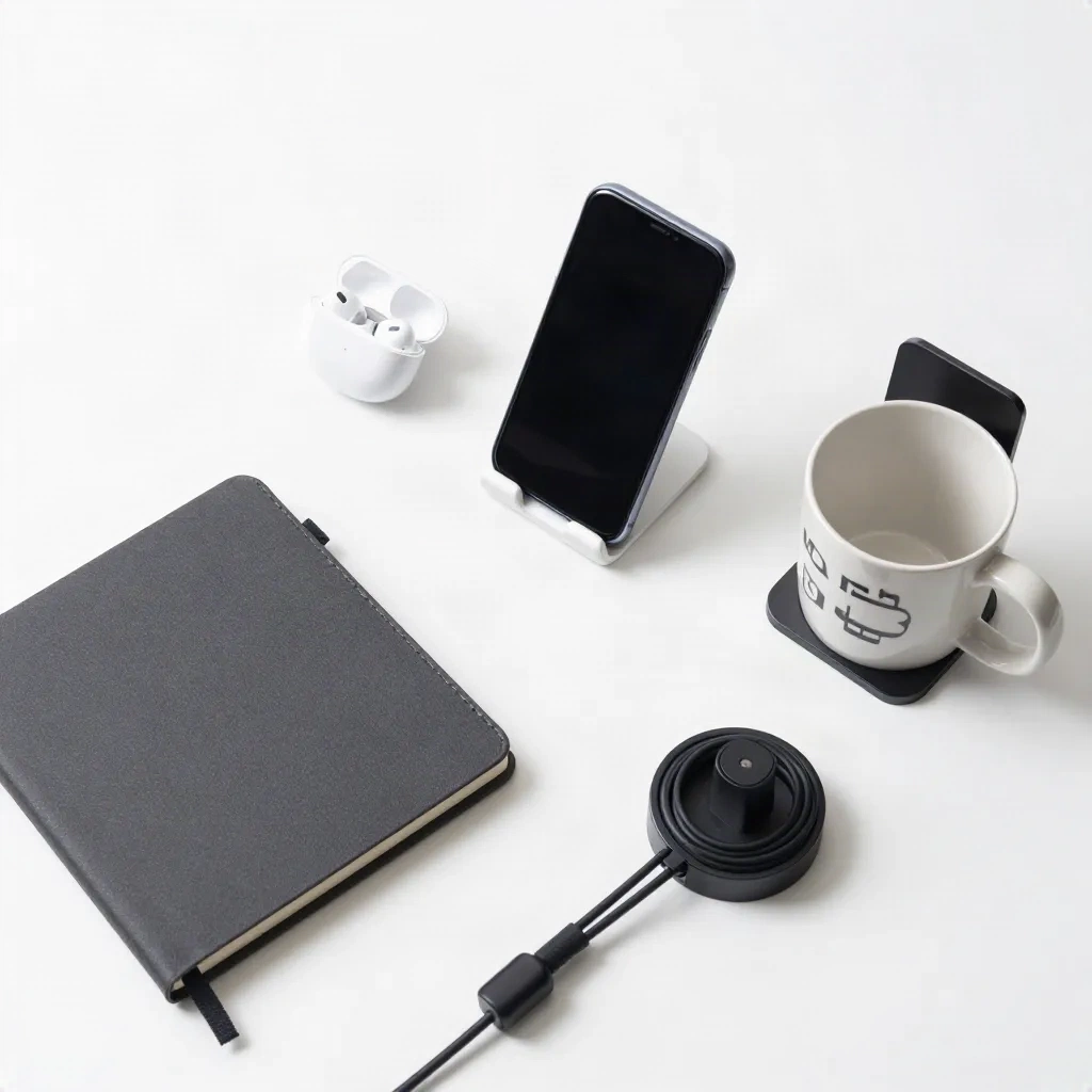 Flat lay of tech accessories and professional gifts for office workers