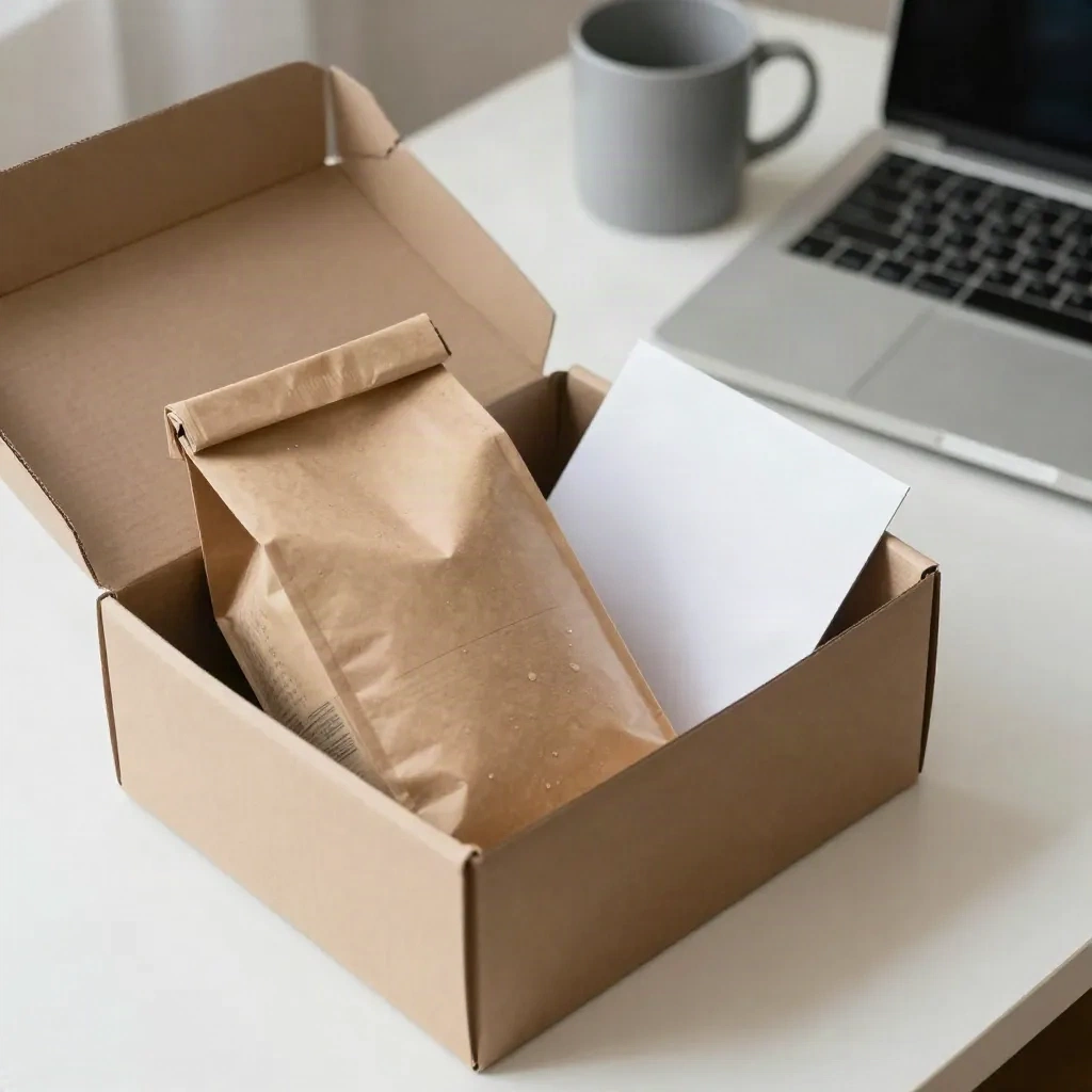 リモート同僚への配送を想定して梱包された、開いた段ボール箱。中身はコーヒーとメッセージカード