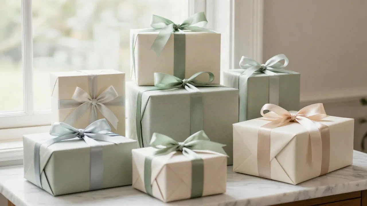 Elegantly wrapped wedding gifts arranged on a marble surface with natural light