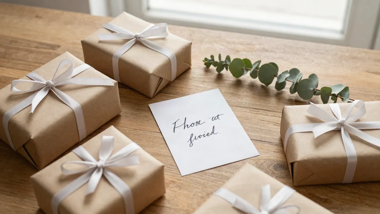 Last-minute gift wrapping with kraft paper, ribbon and a handwritten note on a warm wooden table