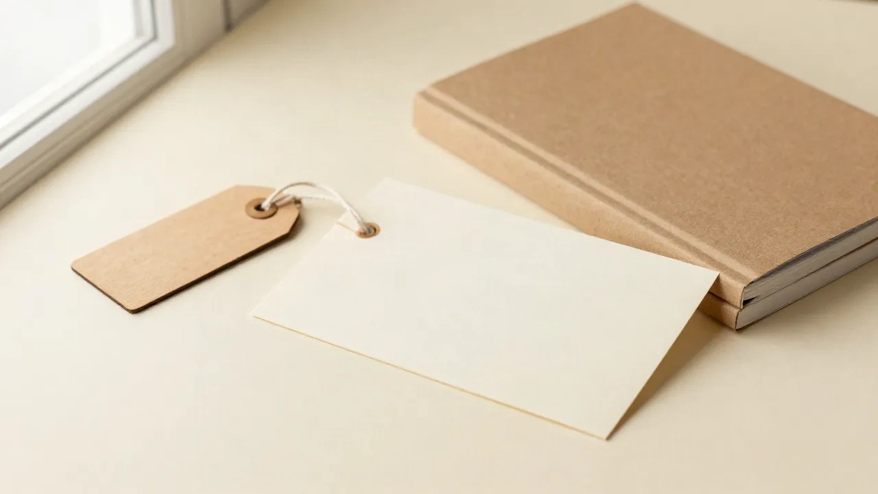 Leeres Holzgeschenk-Tag, Notizbuch aus Kraft und leere Glückwunschkarte auf einem warmen Creme-Schreibtisch, symbolisiert personalisierte Geschenk-Namensgebung