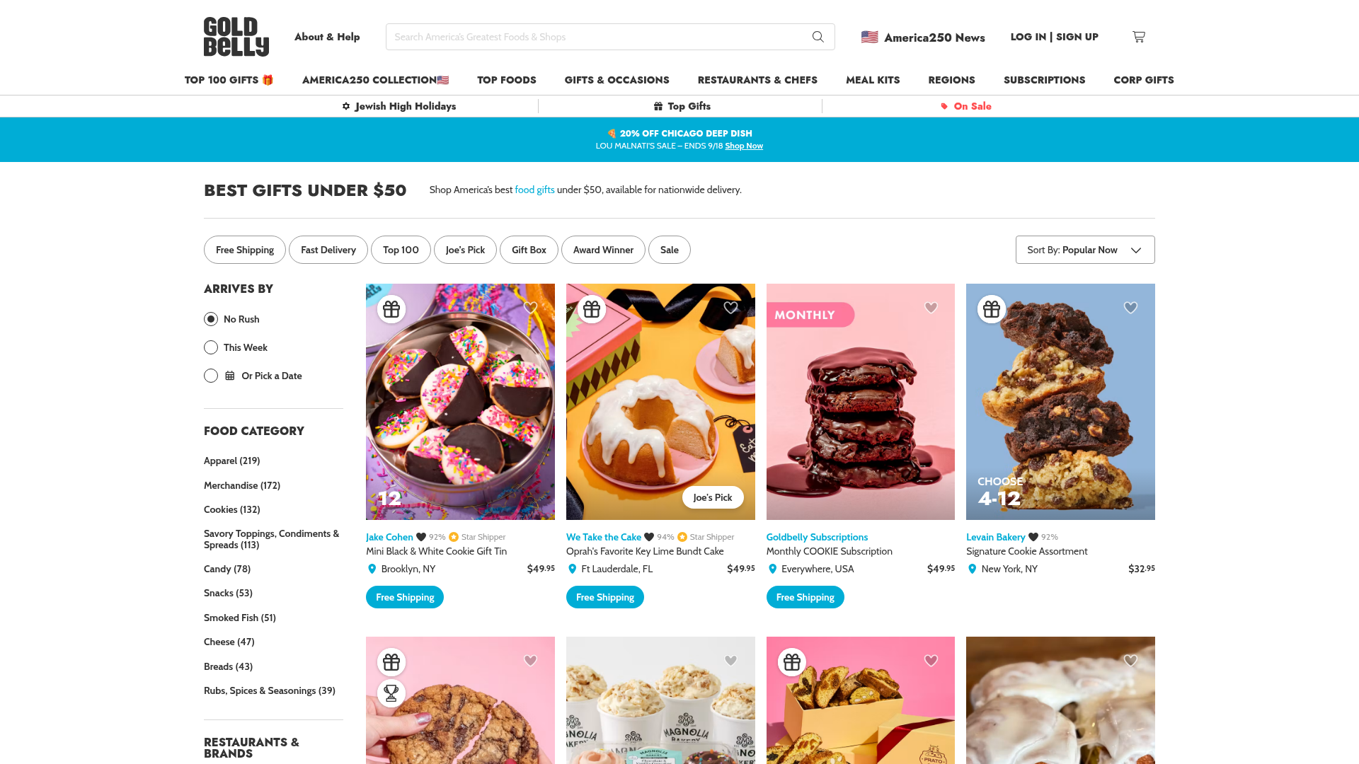 Goldbelly's Best Gifts Under $50 collection page with filters and vendor badges