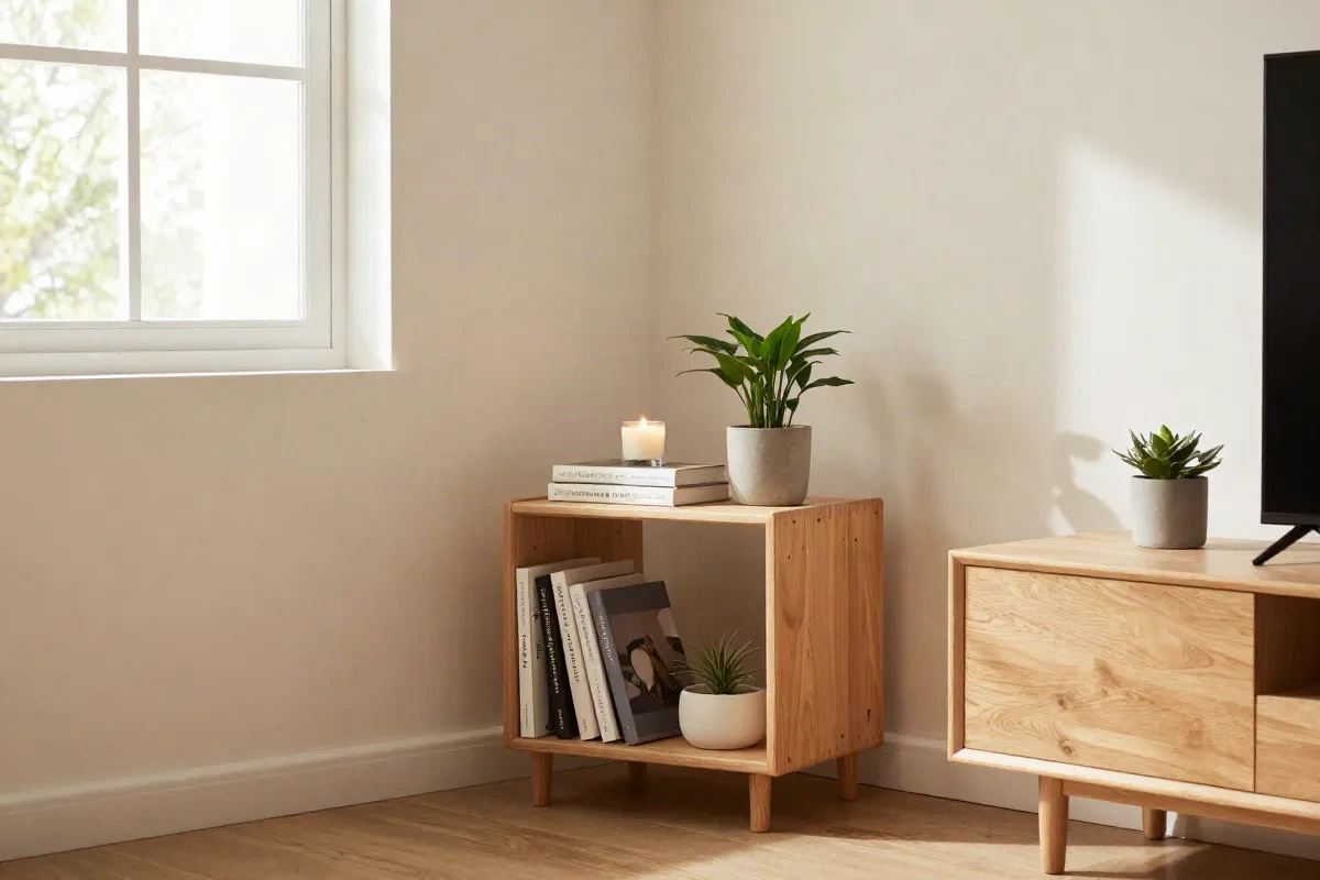 A bright first apartment corner with books, a candle, and a plant: the new chapter after graduation